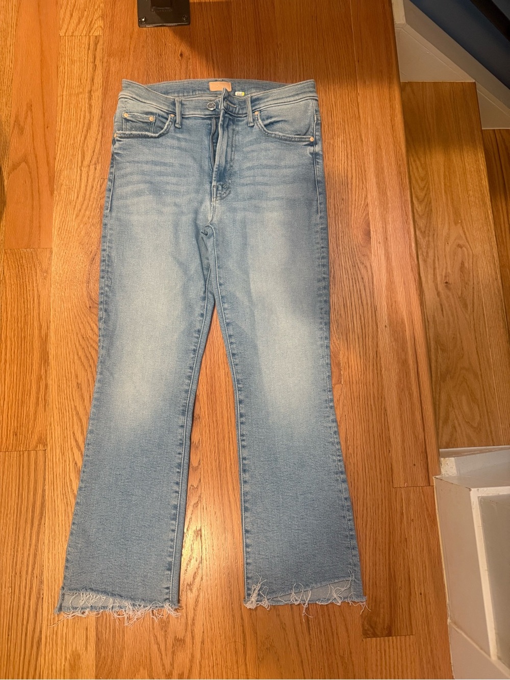 MOTHER The insider crop step fray Light Blue Flare Jeans with Raw Frayed Hem